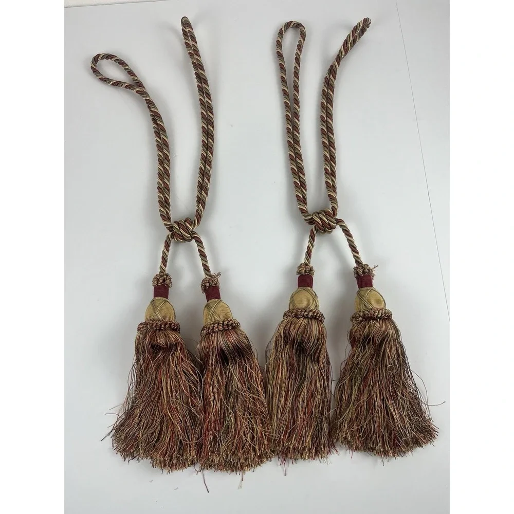 Vintage 90s Set Of Double Tassel Curtain Tiebacks Burgundy & Gold